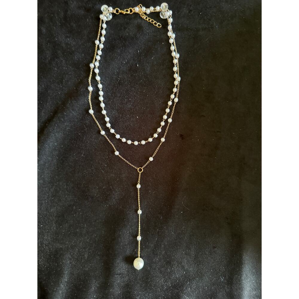 New Double Faux Pearl Gold Drop Necklace 16-18” Layered Y Necklace N228